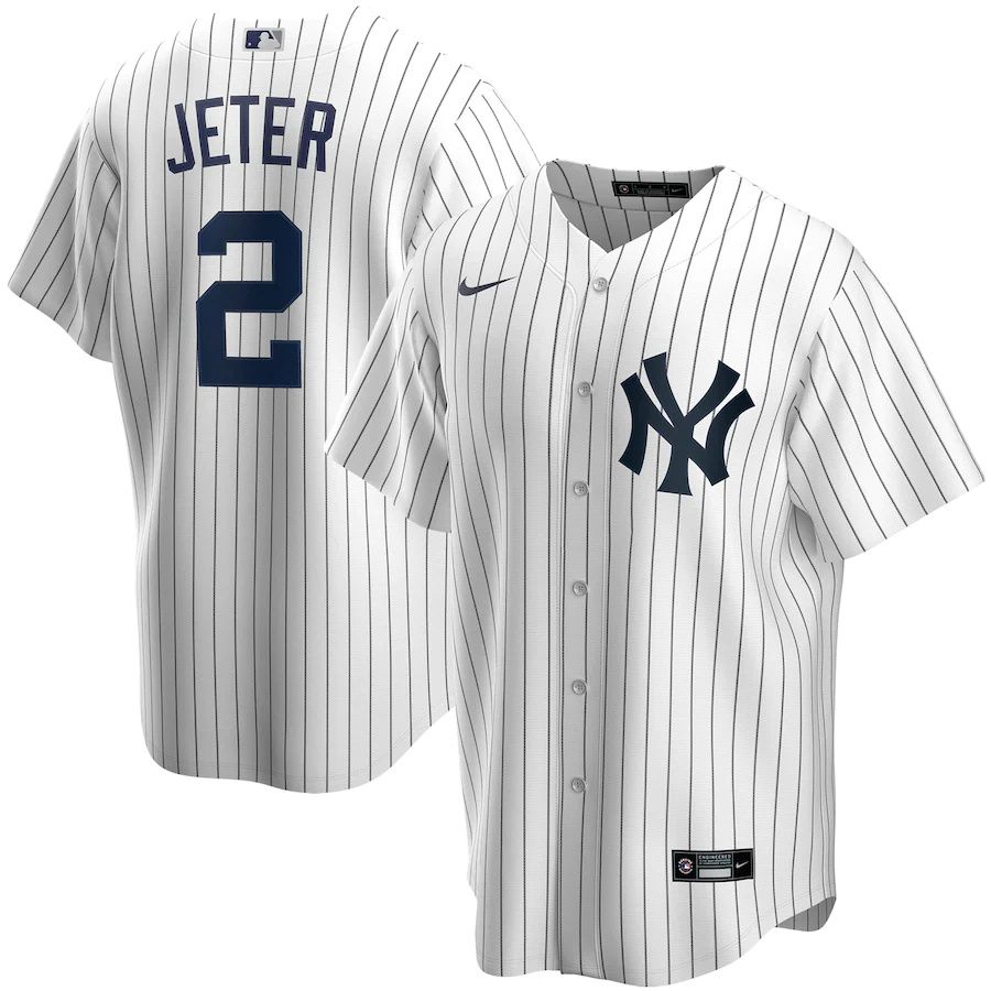 Mens New York Yankees 2 Derek Jeter Nike White Navy Home Replica Player Name MLB Jerseys